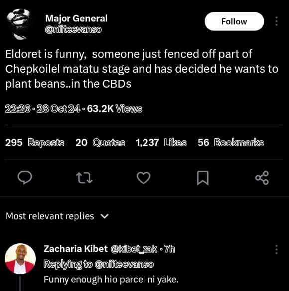 Major general nfiteevanso follow eldoret is funny someone just fenced off part o