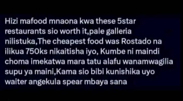 Hizi mafood mnaona kwa these sstar restaurants sio worth it,pale galleria nilist