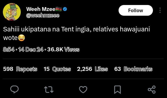 Weeh mzee weehnzeee follow sahiii ukipatana na tent ingia, relatives hawajuani w
