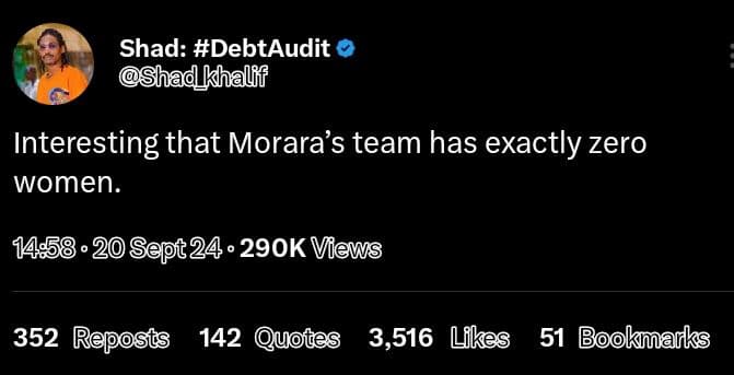 Shad debtaudit shad_khalf interesting that morara's team has exactly zero women.