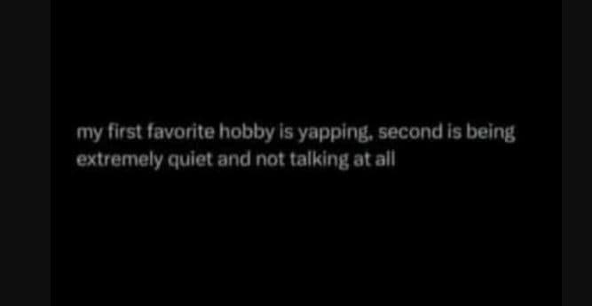 My first favorite hobby is yapping second is being extremely quiet and not talki