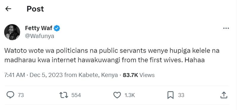 Post fetty waf wafunya watoto wote wa politicians na public servants wenye hupig
