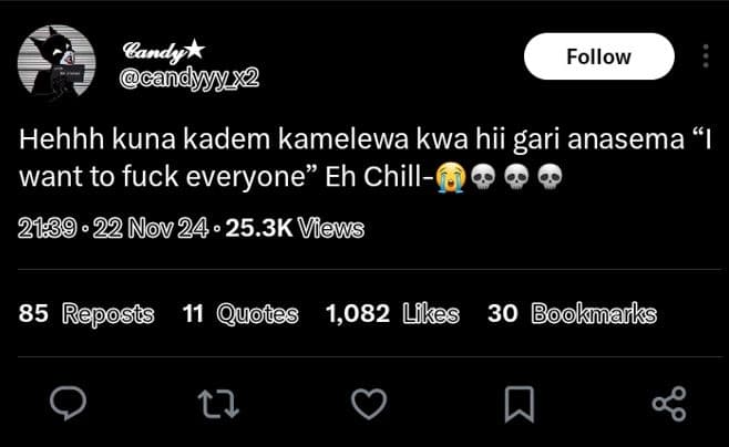 Candyp candyyx2 follow hehhh kuna kadem kamelewa kwa hii gari anasema want to fu