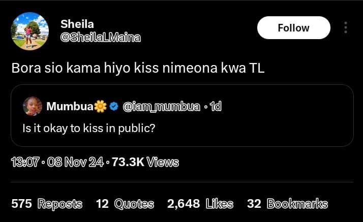 Sheila sheilalmaina follow bora sio kama hiyo kiss nimeona kwa tl mumbua fammumb