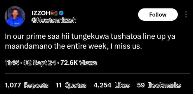 Izzoh newtonnizzzoh follow in our prime saa hii tungekuwa tushatoa line up ya ma