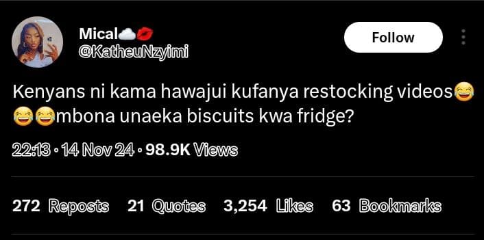 Mical kadheunzyfmi follow kenyans ni kama hawajui kufanya restocking videos mbon