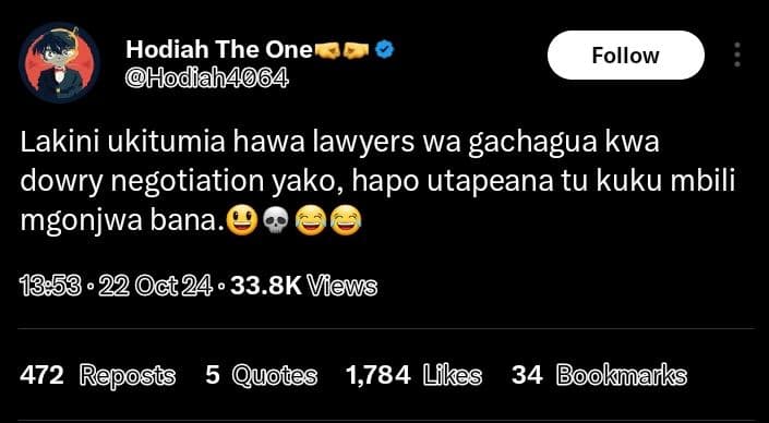 Hodiah the one hodah4064 follow lakini ukitumia hawa lawyers wa gachagua kwa dow