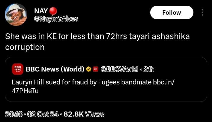 Nay nayin7alves follow she was in ke for less than 72hrs tayari ashashika corrup