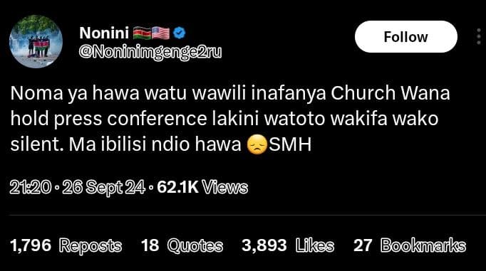 Nonini noninimgenge2ru follow noma ya hawa watu wawili inafanya church wana hold