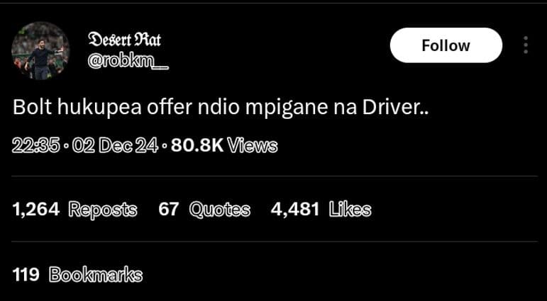 Desert sat follow bolt hukupea offer ndio mpigane na driver 2235 02dec24. 80.8k