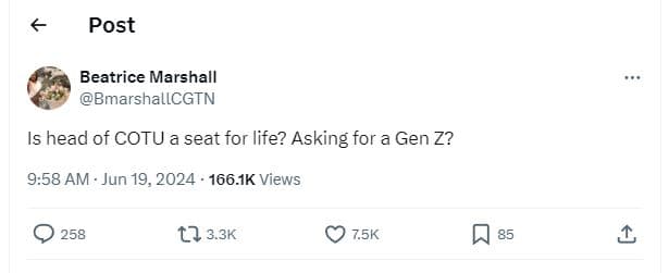 Post beatrice marshall bmarshallcgtn is head of cotu a seat for life? asking for