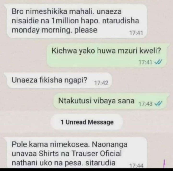 Bro nimeshikika mahali. unaeza nisaidie na imillion hapo. ntarudisha monday morn