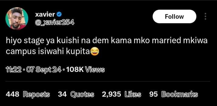 Xavier xavier254 follow hiyo stage ya kuishi na dem kama mko married mkiwa campu
