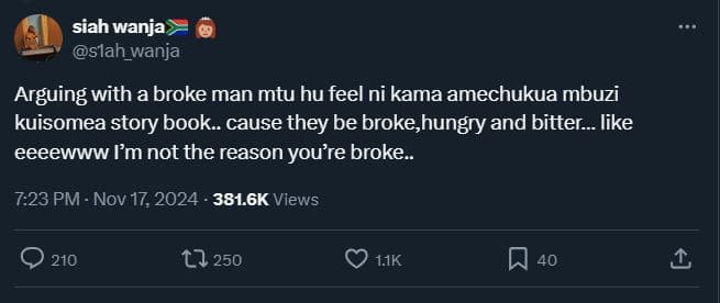 Siah wanja slah_wanja arguing with a broke man mtu hu feel ni kama amechukua mbu