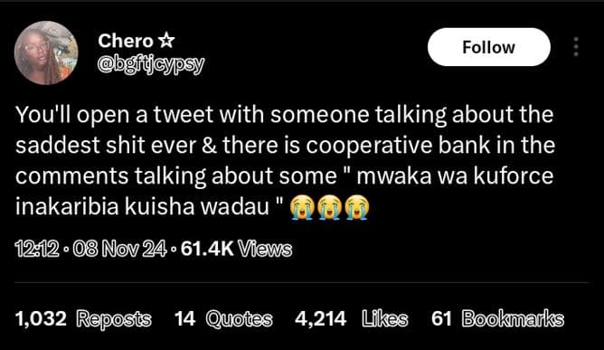 Chero follow you'll open a tweet with someone talking about the saddest shit eve