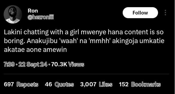 Ron hezroni follow lakini chatting with a girl mwenye hana content is so boring.