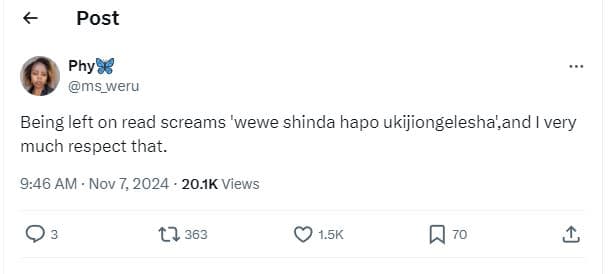 Post phy8 ms_weru being left on read screams 'wewe shinda hapo ukijiongelesha',a