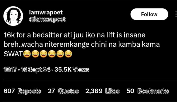 Iamwrapoet amwliapoet follow 16k for a bedsitter ati juu iko na lift is insane b