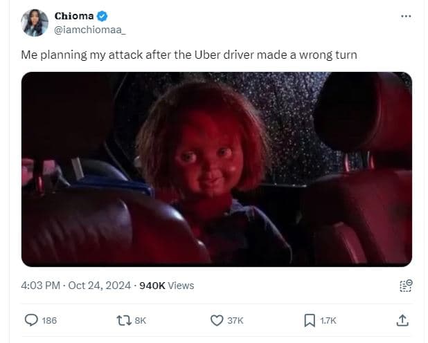 Chioma iamchiomaa me planning my attack after the uber driver made a wrong turn