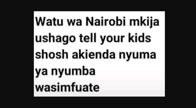 Watu wa nairobi mkija jushago tell your kids shosh akienda nyuma ya nyumba wasim