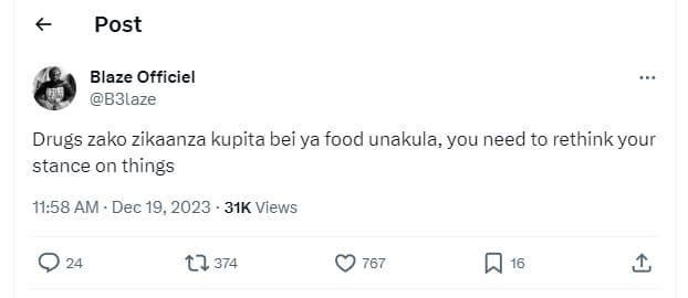 Post blaze officiel b3laze drugs zako zikaanza kupita bei ya food unakula you ne
