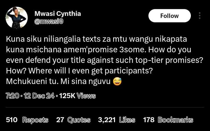 Mwasi cynthia mwasi follow kuna siku niliangalia texts za mtu wangu nikapata kun