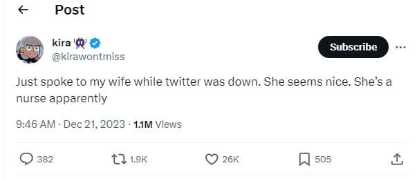 Post kira ' kirawontmiss subscribe just spoke to my wife while twitter was down.