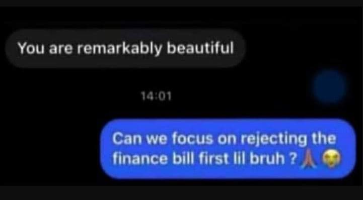 You are remarkably beautiful can we focus on rejecting the finance bill first il