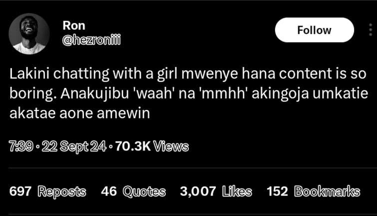 Ron hezionii follow lakini chatting with a girl mwenye hana content is so boring