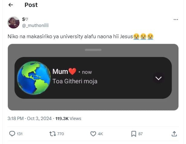 Post sv _muthoniiii niko na makasiriko ya university alafu naona hii jesus mum n
