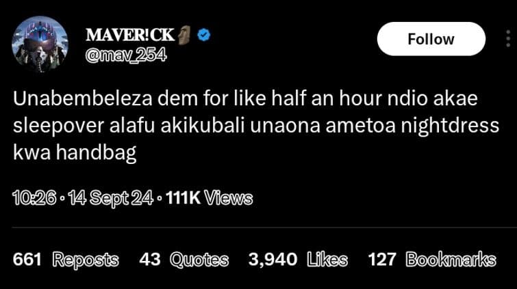 Maver!ck av 254 follow unabembeleza dem for like half an hour ndio akae sleepove