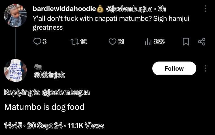 Bardiewiddahoodie josiembugua h y'all don't fuck with chapati matumbo? sigh hamj