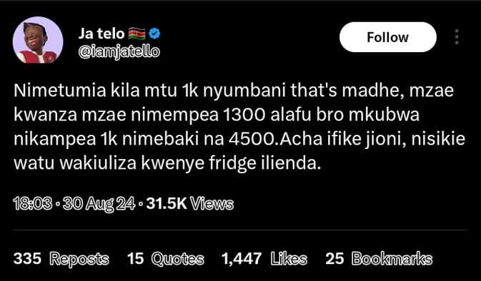 Ja telo amjaiello follow nimetumia kila mtu 1k nyumbani that's madhe, mzae kwanz