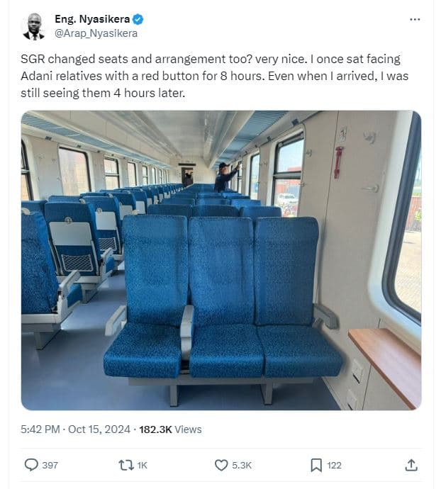 Eng. nyasikera arap_nyasikera sgr changed seats and arrangement too? very nice.