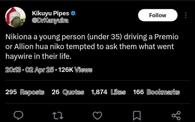 Kikuyu pipes drkanyuira follow nikiona ayoung person under 35 driving a premio o