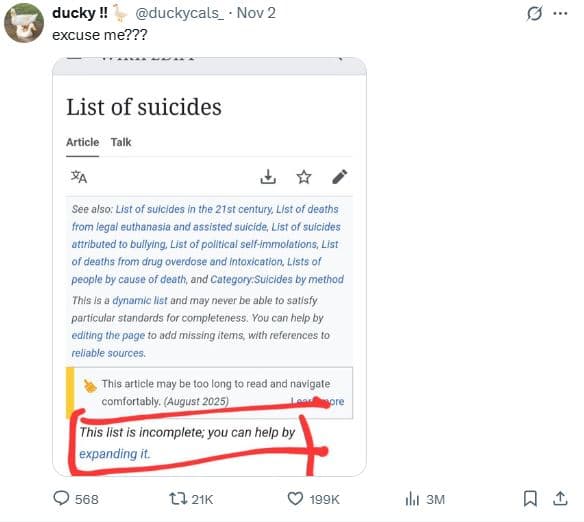 Ducky ! duckycals nov 2 excuse me??? list of suicides article talk see also lst