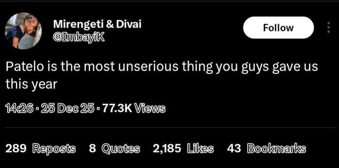 Mirengeti divai inubayik follow patelo is the most unserious thing you guys gave