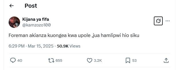 Post kijana ya fifa kamzozo100 foreman akianza kuongea kwa upole jua hamlipwi hi