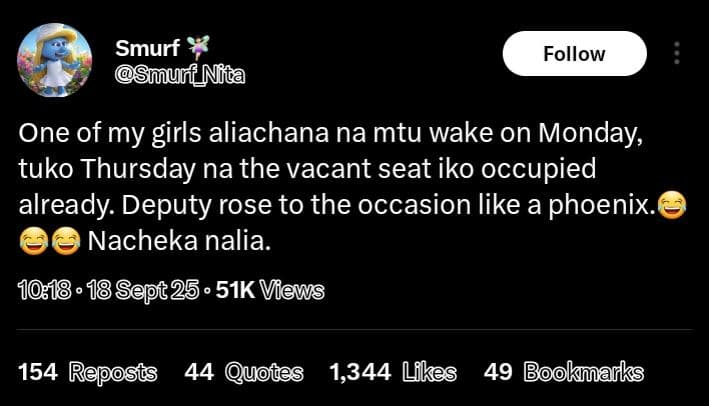 Smurf smurf mita follow one of my girls aliachana na mtu wake on monday tuko thu