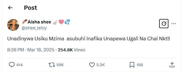 Post aisha shee shee_leicy unadinywa usiku mzima asubuhi inafika unapewa ugali n