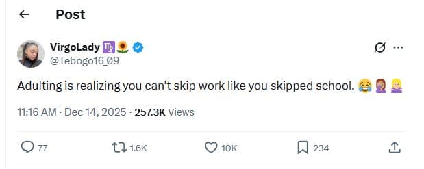 Post virgolady tebogo16_09 adulting is realizing you can't skip work like you sk