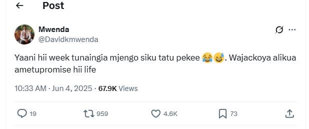 Post mwenda davidkmwenda yaani hii week tunaingia mjengo siku tatu pekee ametupr