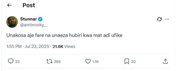 Post stunnar ambrooky unakosa aje fare na unaeza hubiri kwa mat adi ufike 1.55 p