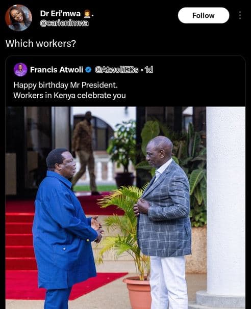 Dr eri'mwa calienimua follow which workers? francis atwoli acwolfebs 1d happy bi