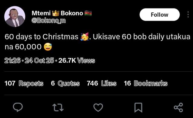 Mtemi bokono bokonon follow 60 days to christmas ukisave 60 bob daily utakua na