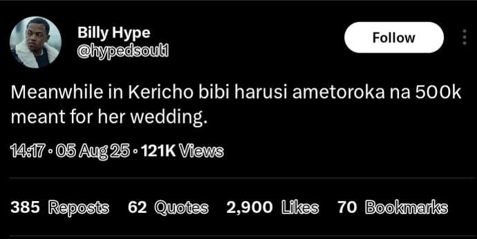 Billy hype phypedsoul follow meanwhile in kericho bibi harusi ametoroka na 50ok