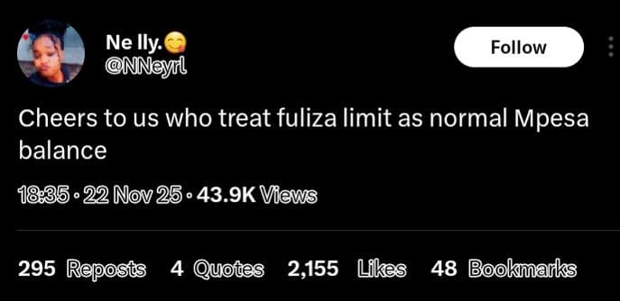 Ne ily nneynl follow cheers to us who treat fuliza limit as normal mpesa balance