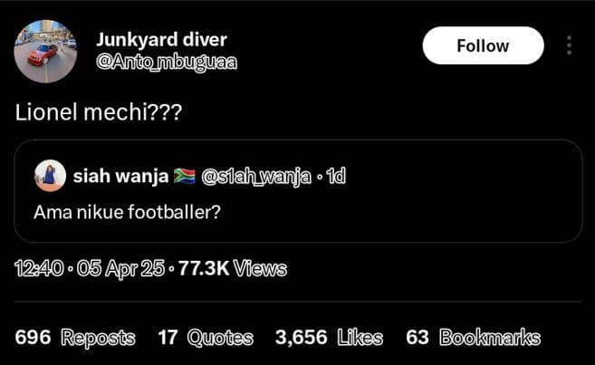 Junkyard diver andombugyaa follow lionel mechi??? siah wanja slahwanja ' 1d ama