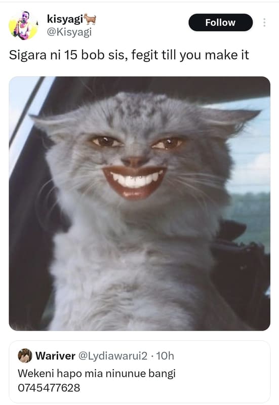 Kisyagi follow kisyagi sigara ni 15 bob sis, fegit till you make it wariver lydi