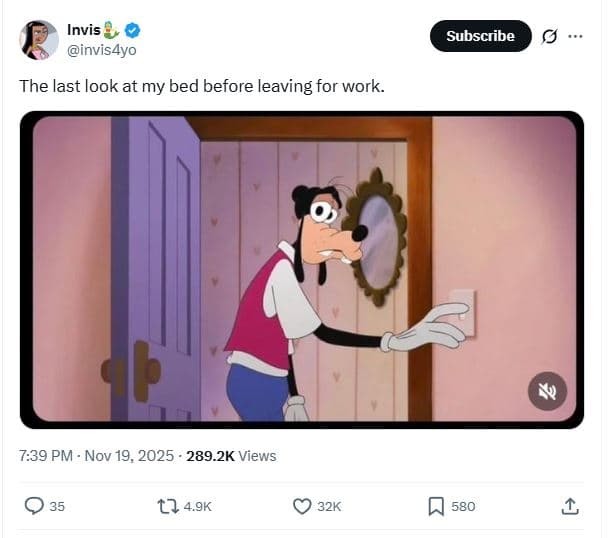 Invis invisdyo subscribe the last look at my bed before leaving for work. 7.39 p